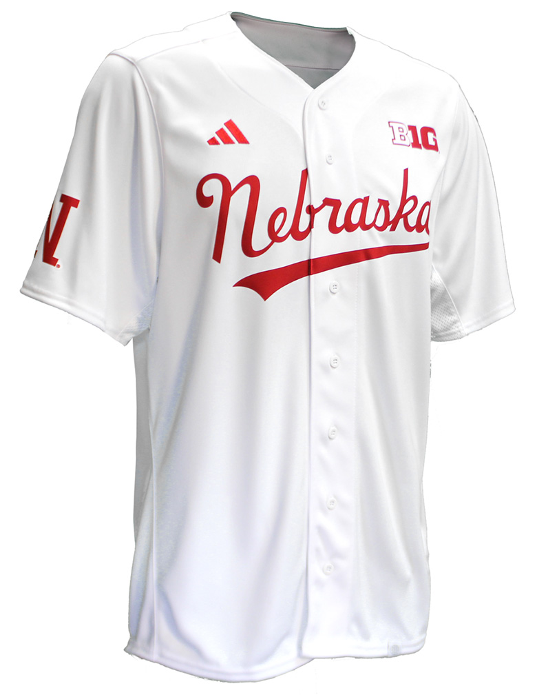 Nebraska Script Adidas White Nebraska Script SS Button Up Baseball Jersey