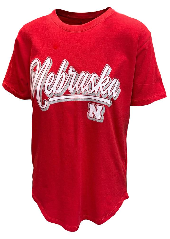 Script Nebraska Womens Red Glitter Nebraska Script SS Harlow Tee Pressbox